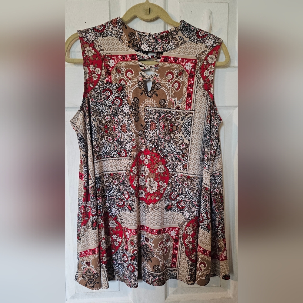 Cato Red and Brown Patterned Top